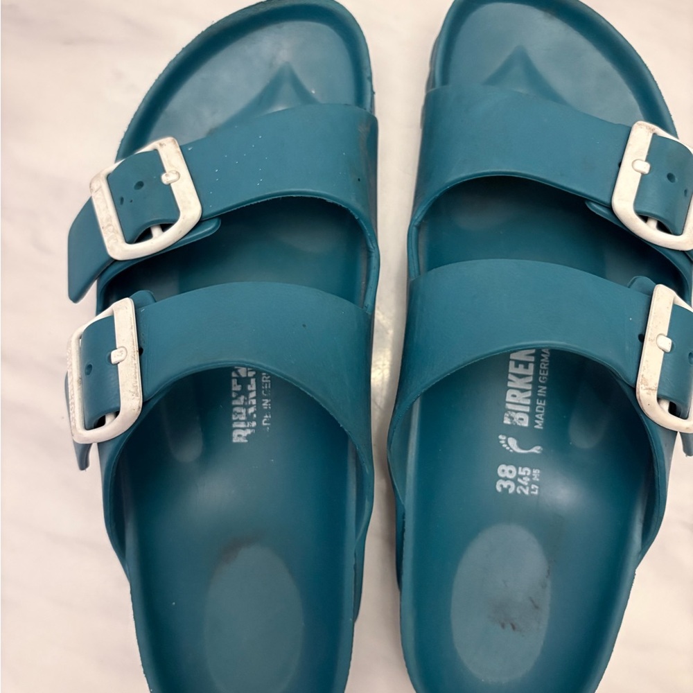 Birkenstock Teal Sandals with White Buckles